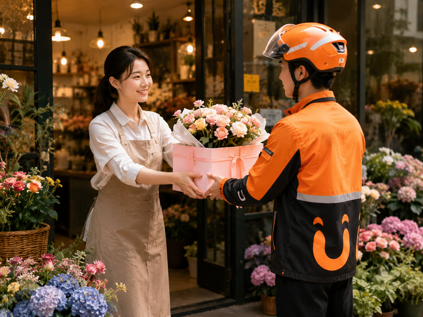 UU跑腿员从花店取走鲜花礼盒